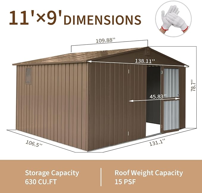 Christopher Knight Home Avonn Backyard Storage Shed 11'x 9' with Galvanized Steel Frame & Windows, Outdoor Garden Shed Metal Utility Tool Storage Room with Lockable Door for Patio, Brown