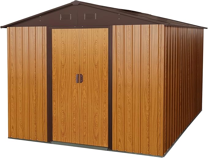 YOPTO 10×8 FT Outdoor Metal Storage Shed with Floor Base,Heavy Duty Garden Shed W/Integrated Punched Vents and Sliding Doors & Padlock,Large Waterproof Storage House for Backyard,Lawn,Coffee