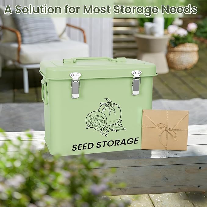 Seed Storage Organizer Box, Metal Seed Box, Garden Seed Organizer with Lid, Seed Containers Storage with 3 Compartments, 30 Seed Holder Organizers, 50pcs Seed Envelopes (Green)