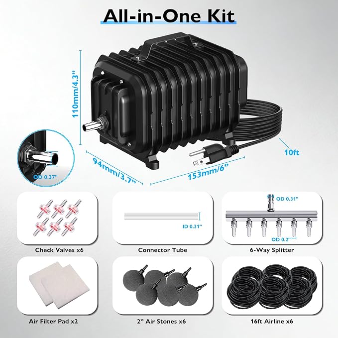 Pond Aerators for Outdoor Ponds, Air Pump for Pond up to 3500 Gallons, Complete Koi Fish Pond Aeration Kit, Oxygenation Bubbler Pump with Air Stones Airline Tubing Check Valves