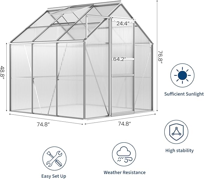 6x6FT Greenhouse for Outdoors, Walk-in Polycarbonate Greenhouse with Sliding Door, Adjustable Roof Vent & Gutter System, Portable Outdoor Green House Kit for Winter Gardening
