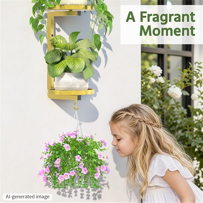 LASZOLA Plant Hangers Holder Wall Mounted Indoor, Metal 2 Tier Window Hanging Plant Shelves, 2Pcs Modern Floating Flower Display Stand with 2 Hooks for Outdoor Kitchen Bathroom Decor, Warm Gold