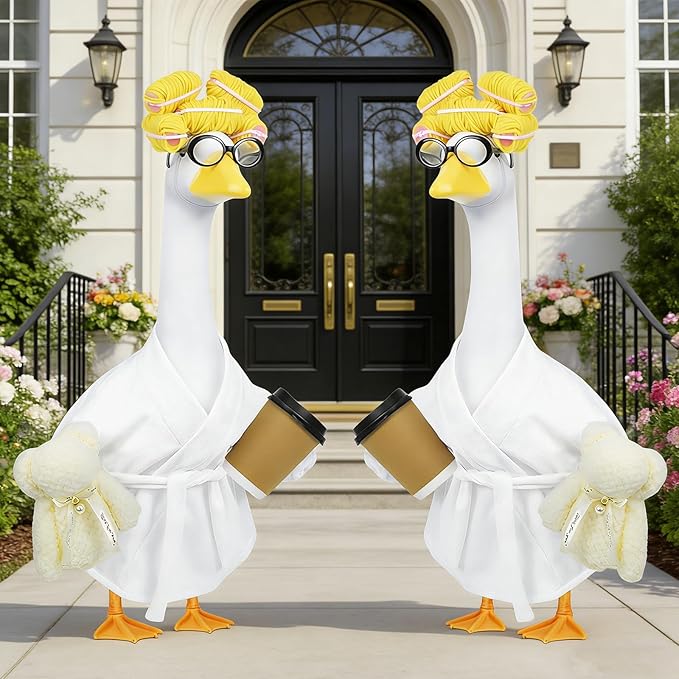 Lady Porch Goose Outfits,Bathrobe Porch Goose Statue Costume with Curlers Reading Glasses Coffee Cup Towel, Cute Goose Clothes for 23-Inch Cement Statue, Lawn Yard Garden Patio Decor(White)