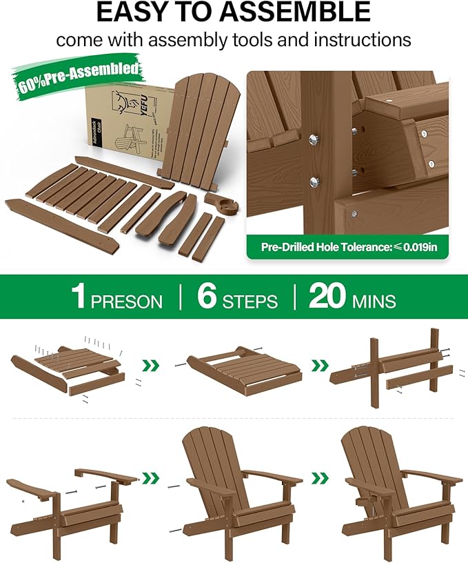 YEFU Adirondack Chairs Set of 6: Outdoor Chair HIPS Plastic Adirondack Chairs - Patio Chairs with Wood Texture - Lawn Fire Pit Deck Porch Garden Chairs for Adults (Teak)