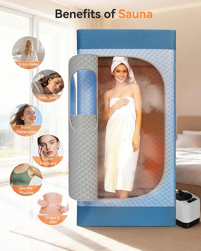Portable Sauna for Home with 3L 1200W Steamer, Big Folding Chair, 99 Mins Timer, 9 Levels, Pernoanl Steam Sauna Tent Dual YKK Zippers for Home Spa Detoxification, 32' x32' x 71', Light Blue