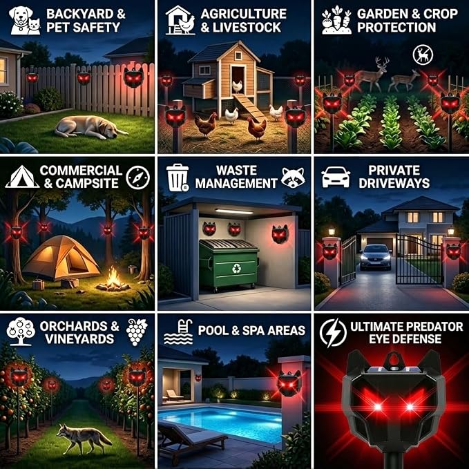 4 Pack Upgraded Coyote Deterrent Solar Predator Eyes Animal Repellent Outdoor Red LED Predator Light Deterrent for Deer,Fox, Raccoon,Skunk, Night Sentry for Chicken Coop,Yard,Garden & Farm Protection