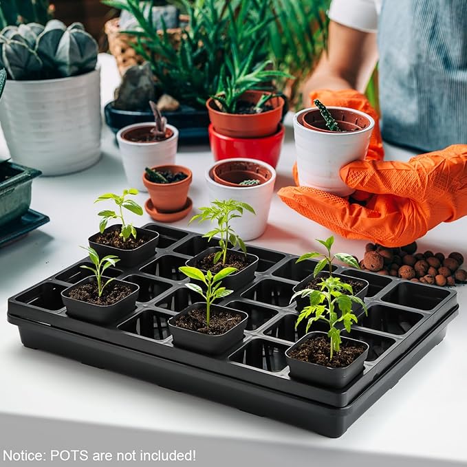 RooTrimmer 10 Pack Nursery Pots Trays (17"x11"x2"), Plastic Flat Seed Starter Trays, Durable Carrying Seedling Starter Tray, Reusable Tray for Planting and Collecting Drainage Water (Black)