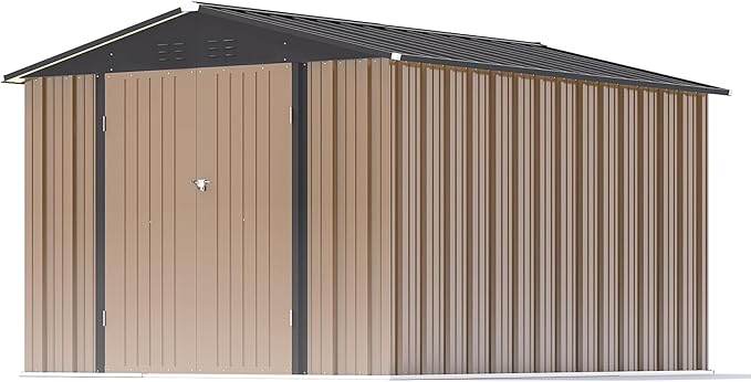Patiowell 8x10 FT Outdoor Storage Shed, Large Garden Tool Metal Shed with Sloping Roof and Lockable Door, Outside Sheds for Backyard Patio Lawn, Brown