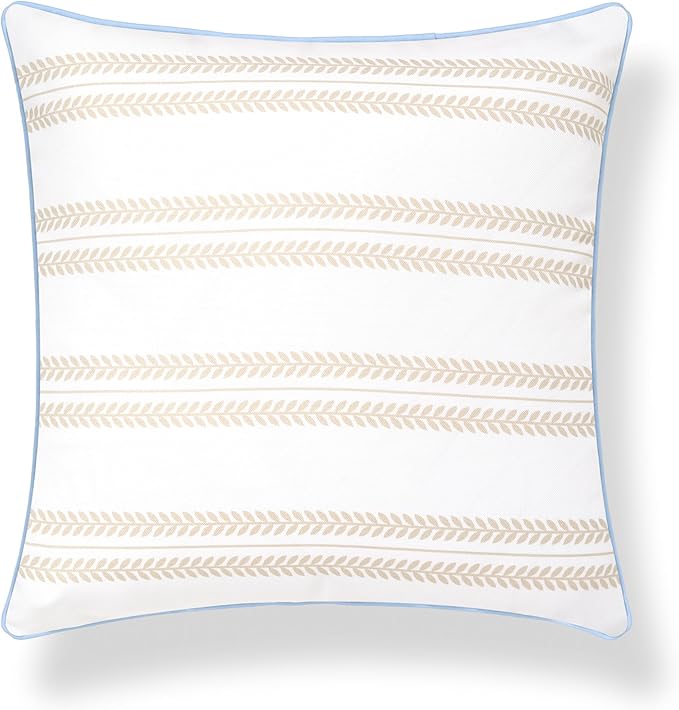 Hofdeco Premium Coastal Hampton Patio Indoor Outdoor Throw Pillow Cover Only, 22"x22" Water Repellent for Backyard, Couch, Poolside, Neutral Tan Blue Print Leaf Striped (Pack of 2)