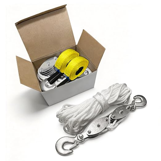 YATOINTO Upgraded Rope Pulley Hoist 4400 LB, 8:1 Pulley Block and Tackle System, Pulley Block 2200LB Loading Capacity, 65ft Heavy Duty Rope Hoist for Hunting Garage Warehouse (with 2PCs Straps)