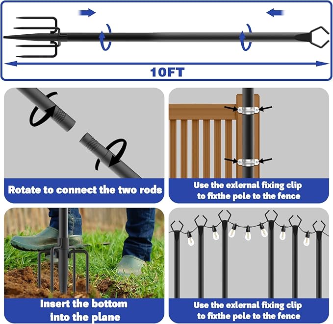 6 Pack 10 ft Heavy Duty Metal String Light Poles Adjustable Outdoor Lighting Stand for Patio,Backyard,Garden,Party & Wedding Rustproof & Sturdy with Hooks