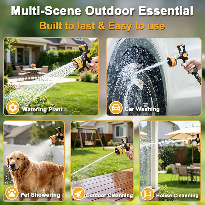FANHAO Fireman-Style Garden Hose Nozzle, Heavy-Duty Metal Water Hose Sprayer with Lever Control & Thumb Control, 7 Spray Patterns, High-Pressure Water Nozzle for Lawn Watering, Car & Pet Washing