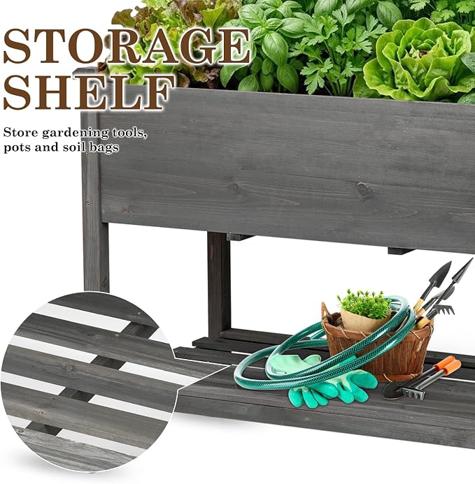 Raised Garden Bed with Lockable Wheels, 40x24x32 inch Elevated Wood Planter with Storage Shelf Protective Liner for Vegetable Flower Herb Outdoor Balcony Patio Backyard, Grey