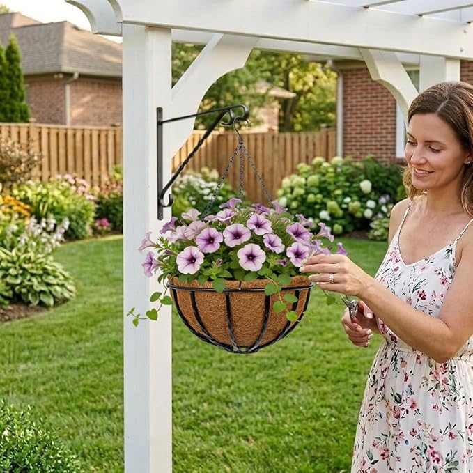 12 Inch Metal Hanging Basket with Coco Coir Liner for Flowers Planting, 2 Pack Hanging Baskets for Plants Outdoor, Round Wire Twisted Planters with Chain for Home Patio Porch Balcony Garden Decor