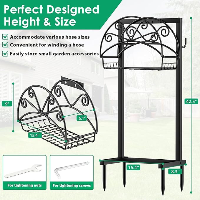 TomCare Garden Hose Holder Heavy Duty Water Hose Holder Holds 160 FT Hoses 4 Spikes Hose Reel Freestanding Hose Hanger Sturdy Hose Storage Stand for Outside Yard Lawn