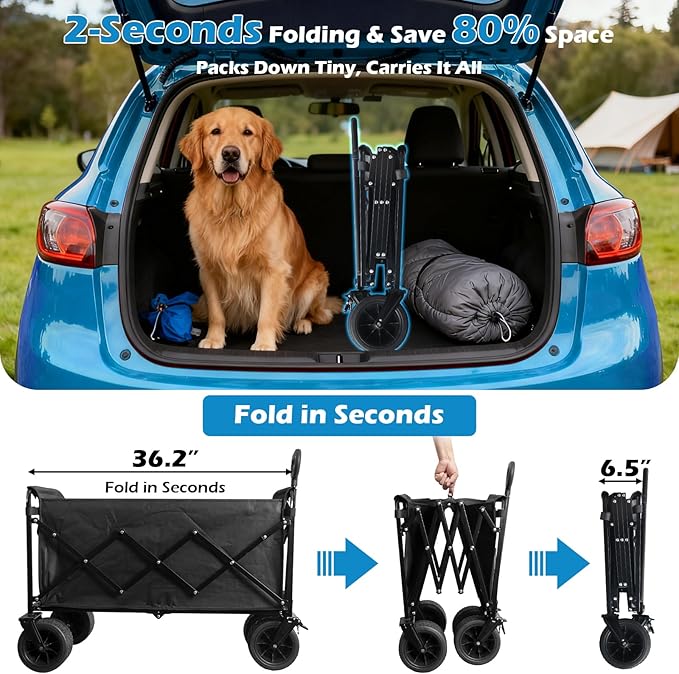 600LBS Beach Wagons Carts Foldable for Sand, Heavy Duty Collapsible Wagon with Brakes & All-Terrain Big Wheels, Large Foldable Folding Wagons for Beach Camp Sports Grocery, Portable