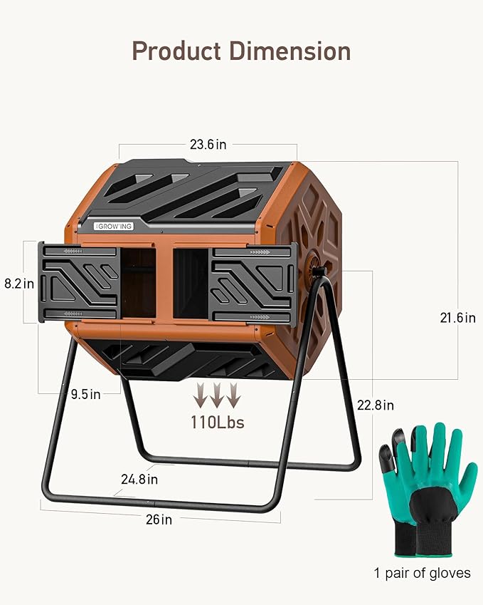 THEGROW'ING 43 Gallon Dual Chamber Compost Bin with Built-in Nuts, Outdoor Rotating Composter Tumbler for Garden Backyard, Orange