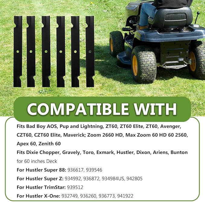 038-6050-00 High Lift Mower Blades Set for Bad Boy Exmark Gravely Hustler Toro 60" Lawn Mower, Replaces 038-2007-00 038-6060-00 038-6002-00, Compatible with ZT60 CZT60 (6PACK)