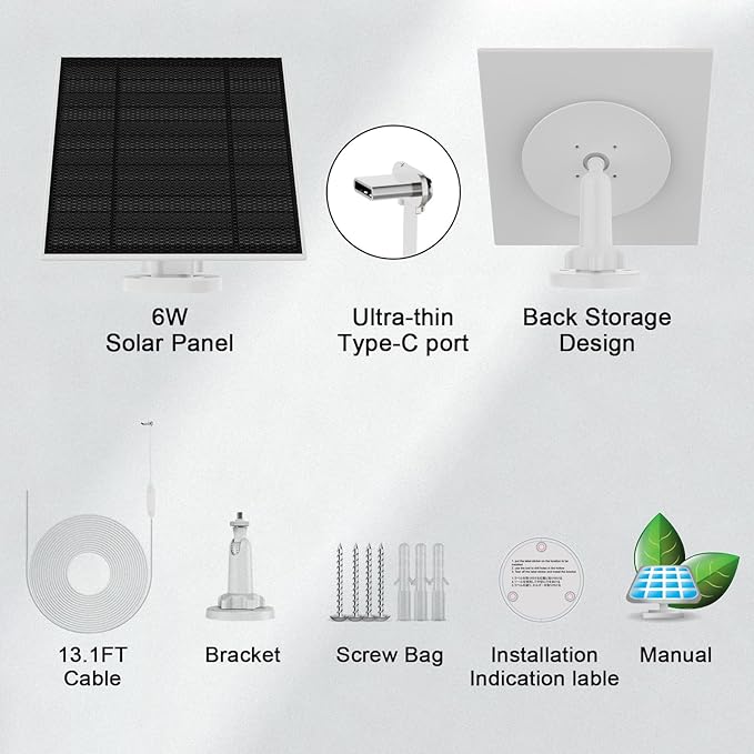 Solar Panel for Ring Doorbell (2024), 6W Ring doorbell Solar Charger for Battery Doorbells, Ultral-Thin Type-C Charging Port Solar Panel with 13.1Ft Charging Cable