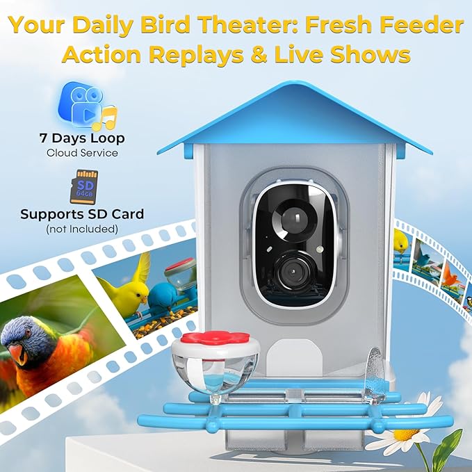 Smart Bird Feeder with Camera - 2K Live Stream, AI Species Recognition, Solar-Powered, Motion Alerts, Squirrel-Proof Weight-Sensor + Large Capacity, Weatherproof Design, Gift for Birds Lover