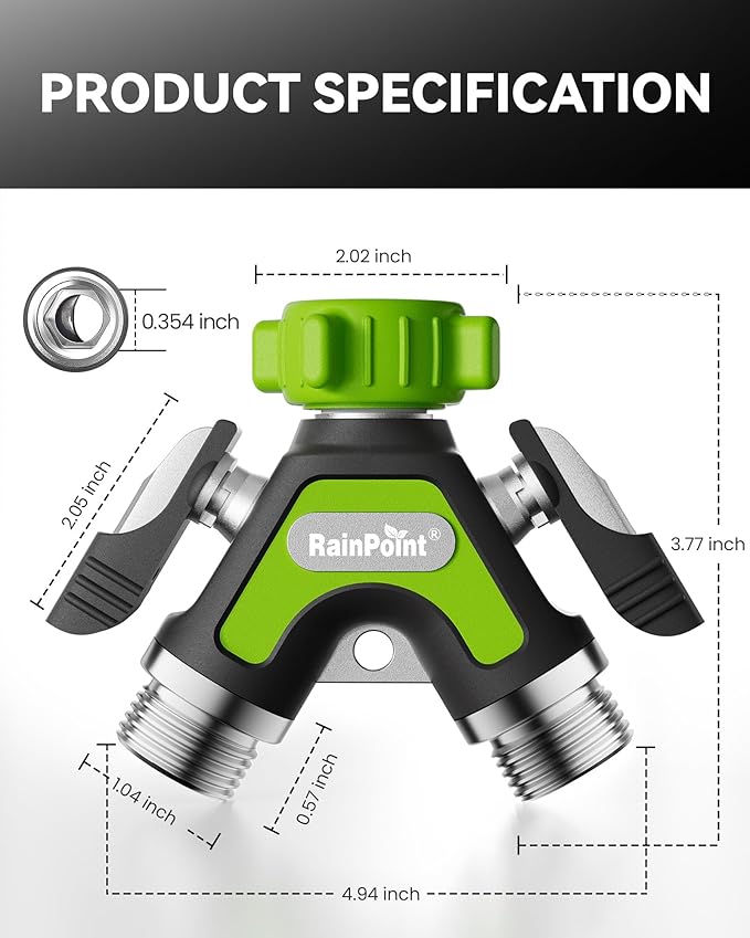 RAINPOINT Garden Hose Splitter 2 Way, All Metal Heavy Duty Water Hose Y Splitter With 2.05" Extra Long Side Handle & Shut Off Valves, 3/4 Inch GHT Thread Connector For Outdoor Spigot Faucet (Green,2)