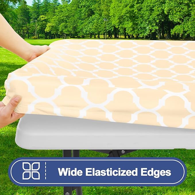 Smiry Picnic Table Cover with Bench Covers, Waterproof Elastic Fitted Tablecloth for 8 Foot Tables, Washable Polyester Tablecloths for Camping, Indoor & Outdoor (Beige, 30x96 Inch 3-pc Set)