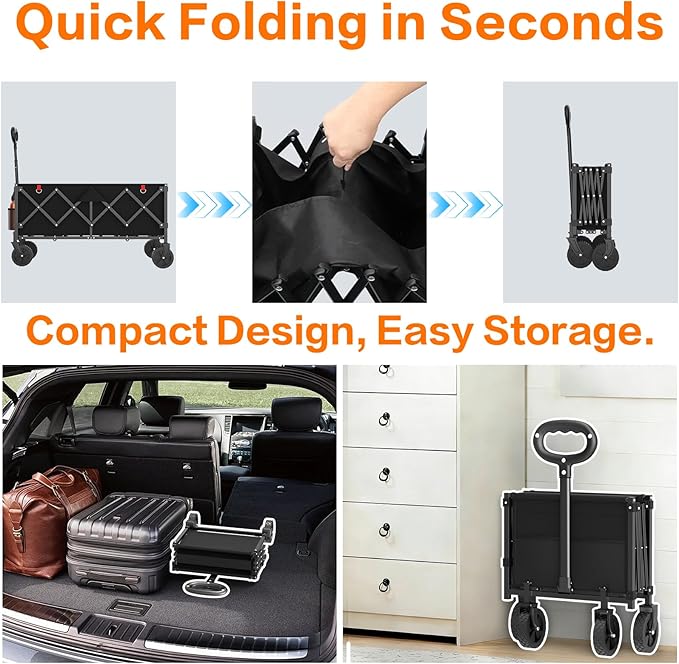Heavy Duty 360LBS Wagons Carts Foldable, Collapsible Wagon with All-Terrain Swivel Wheels, 180L Extra Long Portable Folding Cart for Outdoor Camping Beach Shopping Sports