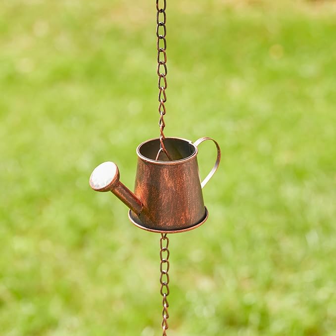 Glitzhome 8.5ft Rain Chain for Gutters 11-Piece Faux Copper Watering Pot Catcher Replacement for Downpout
