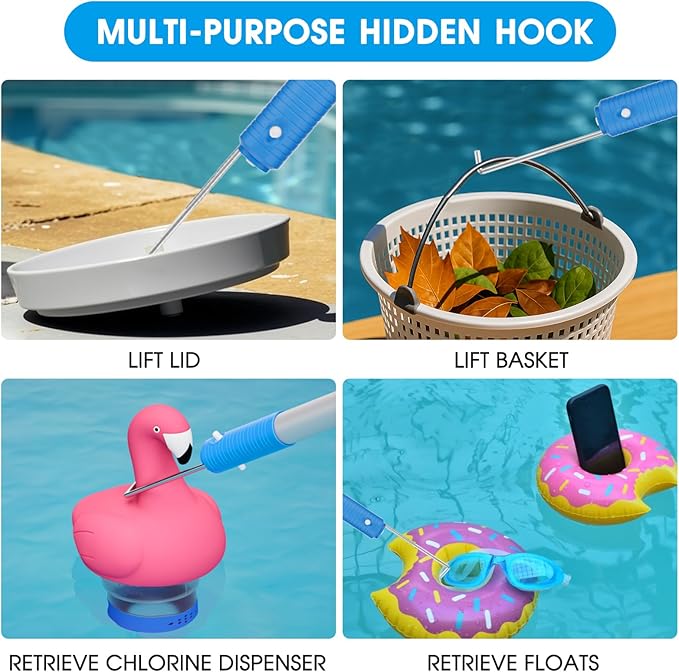 TidyMister Pool Brush Set - 20’’ 2-in-1 Detachable Round Brush with Extra Side Brush for Cleaning Hard-to-Reach Corners, 9 FT Aluminum Extended Pool Pole with Hidden Hook Retriever