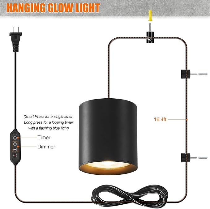 Dimmable Hanging Grow Lights for Indoor Plants, Full Spectrum Hanging Plant Light with Timer & 16.4FT Power Cord, 24W, 3600K Black Glow Light for Garden, Herbs, Seed, Flowers