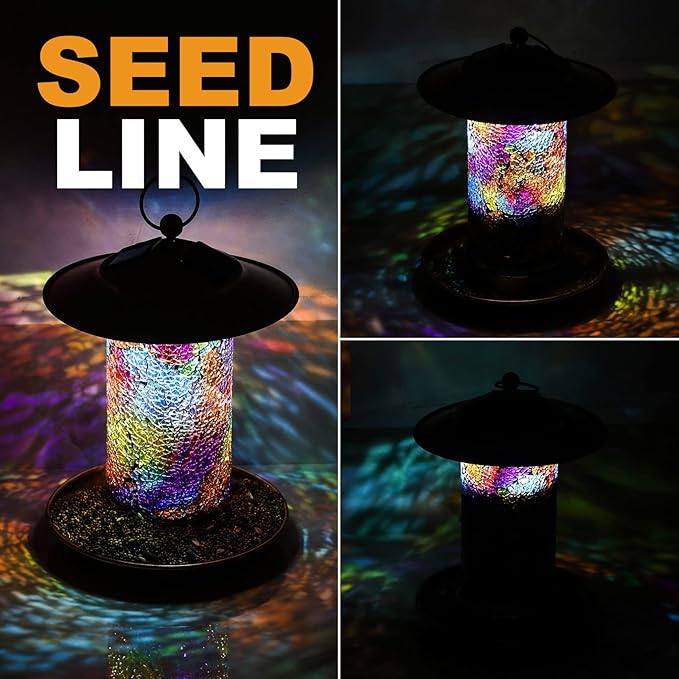 Solar Bird Feeder for Outdoors Hanging - Mosaic Glass Bird Feeder for Cardinals and Finches, Garden Décor Gift for Nature Lovers (1.5 lbs Capacity, Vita/Square)