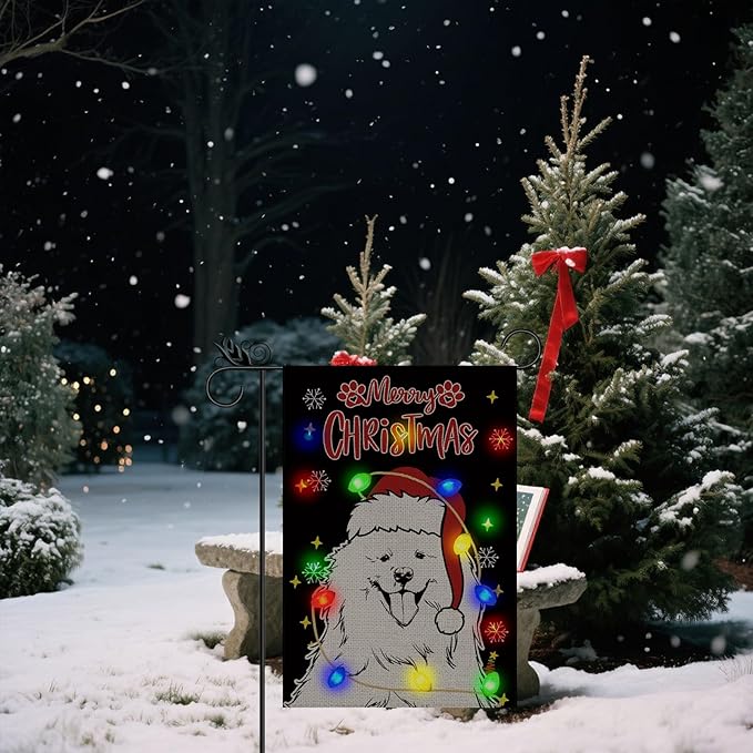 Christmas Dog Garden Flag - Led Samoyed Christmas Decor for Outside, Welcome Garden Flags Double-Sided Flag for Seasonal Christmas Winter Farmhouse Yard Lawn Decoration Gifts 12x18 inches