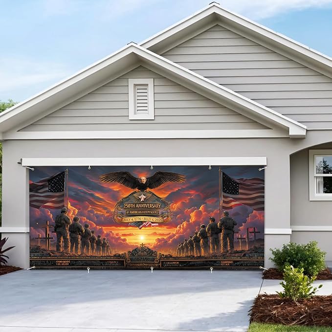 7 * 16FT Eagle flag Garage Door Cover Decorations Independence Day (250th Anniversary Garage Door Banner for Outdoor Indoor Patriot Party Photography Backdrop