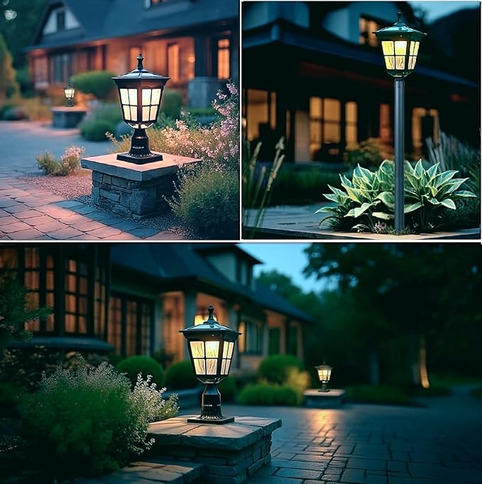 Solar Lamp Post Light, Cast Aluminium Waterproof LED with Glass Outdoor Dusk to Dawn Solar Post Light ST4311AQ for Pier Mount Pillar Gates Garden Pole Column Yard Path Driveway (Black, Lamp)