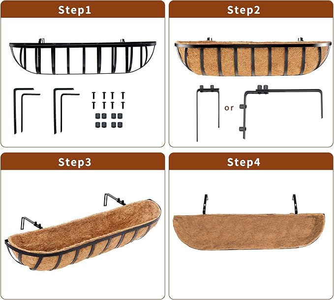 24" Railing Planter with Adjustable Brackets, Window Box with Coco Liner, Hanging Flower Metal Box for Indoor Outdoor, Balcony Deck Fence Porch Patio, Black, Set of 4
