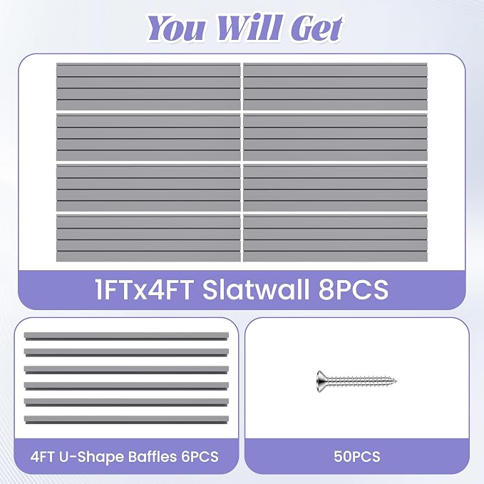 SMARTSTANDARD Heavy Duty PVC Slatwall Panels 4x8 ft, Interlocking Garage Wall Organizer System, Tool Board for Retail Display, Workshop & Home Storage - Gray