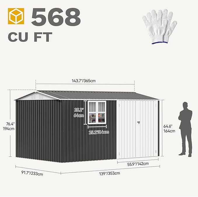 DWVO 12' x 8' Outdoor Storage Shed, Waterproof Metal Garden Shed with Windows, Lockable Doors, and Sloped Roof for Patio, Backyard, Lawn, Tool Storage, Bike Shed, Pet Shelter (Gray + White)