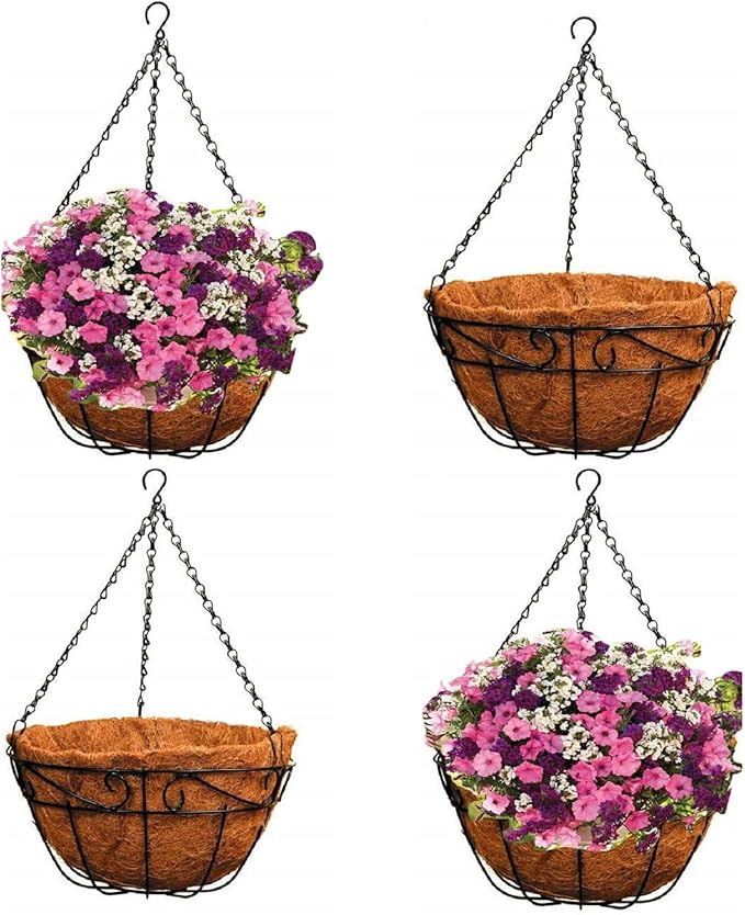 Ashman 14 Inch Metal Hanging Planter Basket with Coco Coir Liner Round Wire Plant Holder Chain Porch Decor Flower Pots Hanger Garden Decoration Indoor Outdoor Watering Hanging Baskets (4)