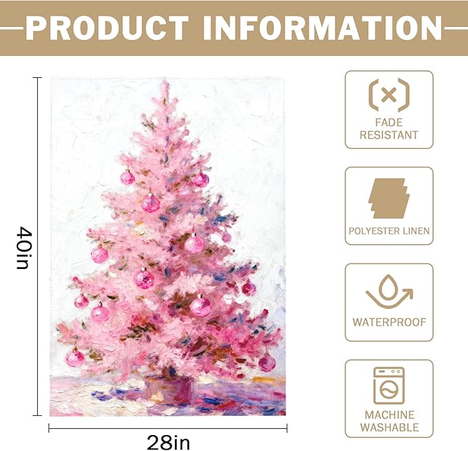 Christmas House Flag 28x40 Inch Pastel Pink Xmas Tree Ball Winter Holiday Decorative Garden Flags for Outside Double Sided Seasonal Outdoor Home Farmhouse Decoration Porch Yard New Year Decor