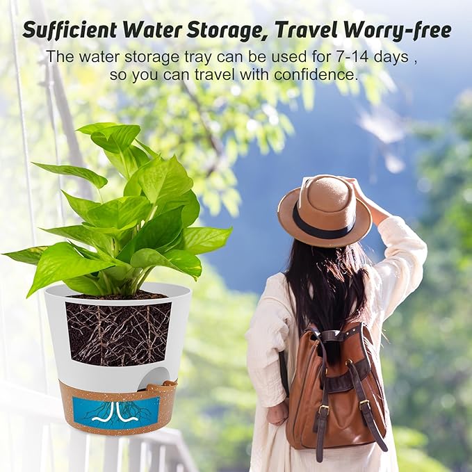 YNNICO 10 inch Plant Pots, Self-Watering Planters with Drainage Holes & Saucers for Indoor and Outdoor Plants (2-Pack,White
