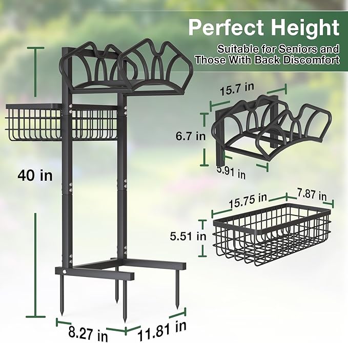 Qatsrin Upgraded Garden Hose Holder with Large Basket, Heavy Duty Water Hose Holder Supports 160-ft Hoses, Freestanding Detachable Hose Stand Storage Reel Hanger Rack for Yard Lawn Farm