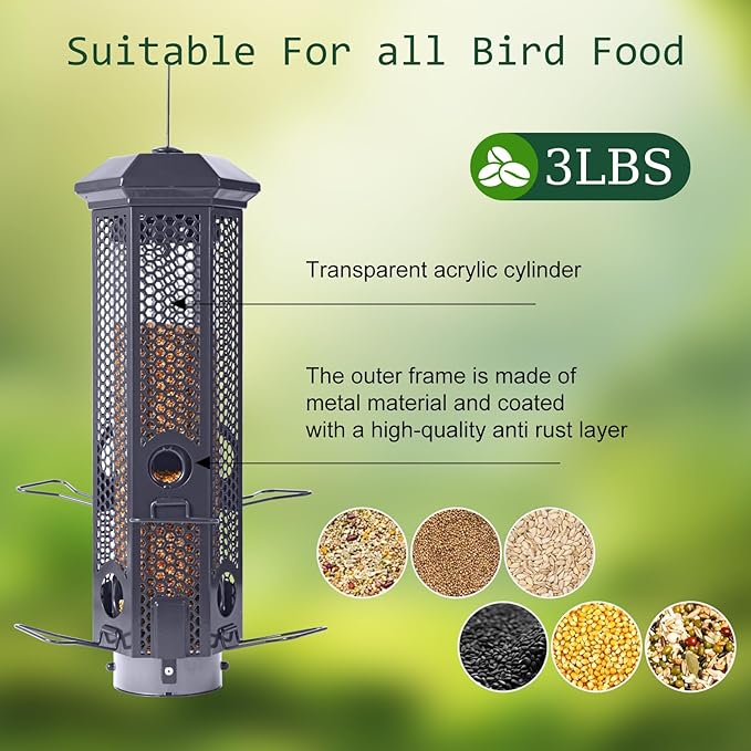 Squirrel Proof Bird Feeders with Removable Base, Metal Wild Bird Feeder for Outdoors Hanging, 6 Weight-Activated Ports Perches, 3LB Seed Capacity(Gray)