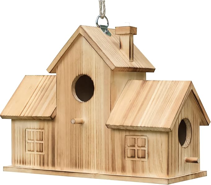 STARSWR Bird Houses for Outside,Outdoor 3 Hole Bird House Room for 3 Bird Families Bluebird Finch Cardinals Wooden Hanging Birdhouse for Garden