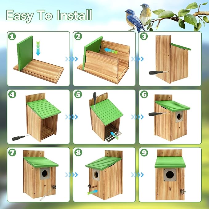 Bird Houses for Outside - Cedar Bluebird Houses with Metal Predator Guard, Birdhouse for Wren Bluebirds Finches Swallows, Carbonized Wooden Birdhouse