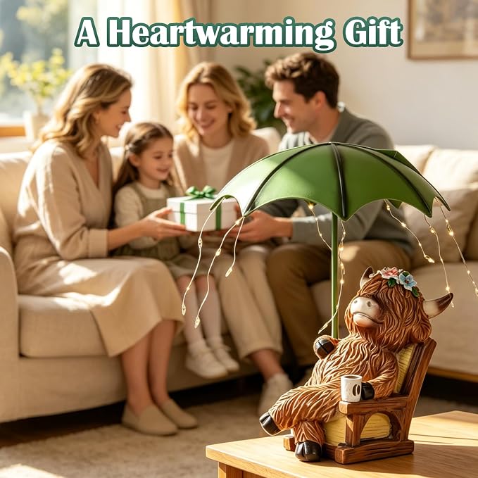 Pohabery Solar Highland Cow Garden Statue with Umbrella Lights - Resin Mother & Calf Outdoor Decor, Waterproof LED Yard Art for Patio, Lawn & Porch | Perfect Housewarming & Garden Gift