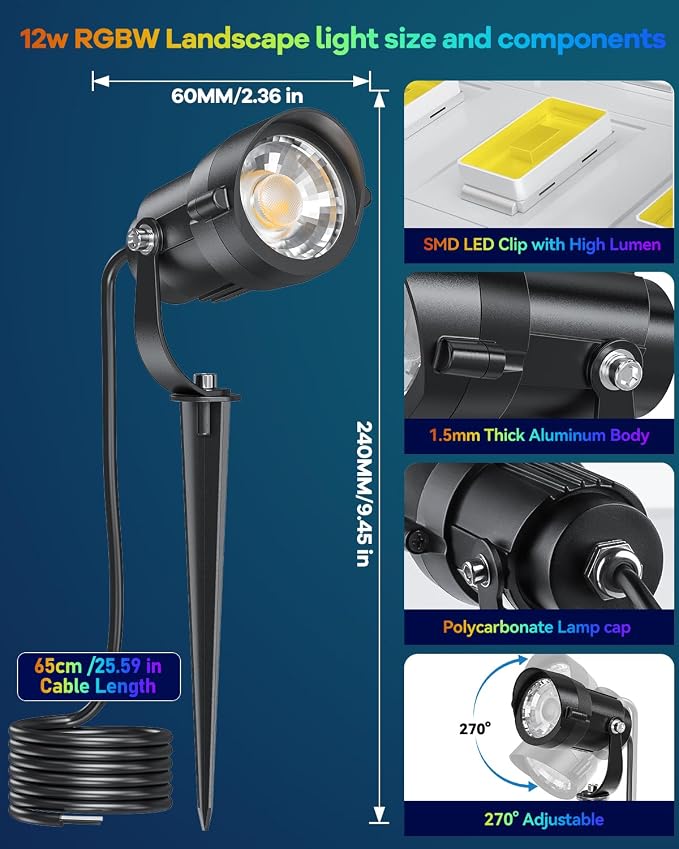 HIBOITEC RGBW Low Voltage Landscape Lighting 12W with Remote Connectors Spotlights Landscape Lights Kit 12-24V AC/DC Waterproof for House Yard Trees Outdoor Christmas 1Pack(Transformers NOT Included)