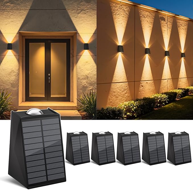 6 Pack Solar Wall Lights Outdoor Waterproof Up and Down 2 LED Fence Sconce for House, Patio, Porch, Yard, Garden, Garage and Pool for Security and Decorative Lighting, Wall Mounted Install(Warm White)