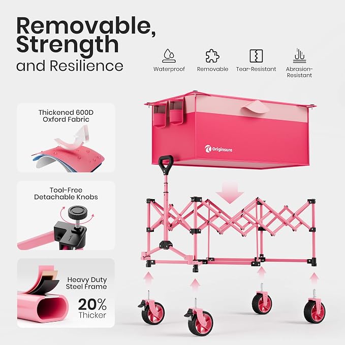 220L Collapsible Wagon Cart Foldable, 38" L Extra Large Heavy Duty Folding Beach Wagons with All-Terrain Wheels, Utility Carts for Camping, Sports, Shopping, Groceries - Pink