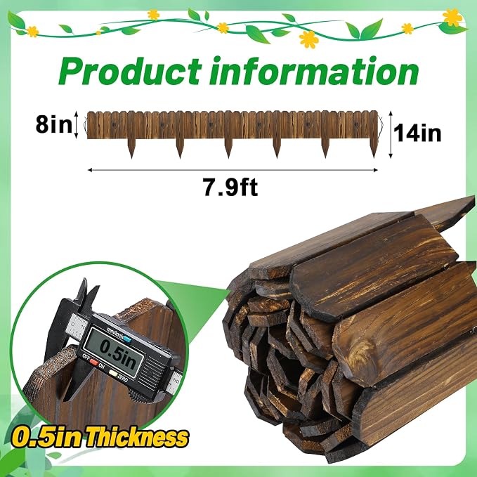 Wooden Garden Edging - 7.9ft x 8in Weather-Resistant Pine Landscape Border Fence for Outdoor Patio Lawns Yard Flower Beds Decoration