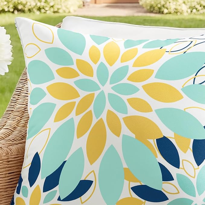 Floral Outdoor Pillow Covers Waterproof Spring Throw Pillow Cases Light Blue Yellow Inch Set of 2 Decorative Summer Cushion Covers for Patio Furniture Garden Bench Porch Sofa
